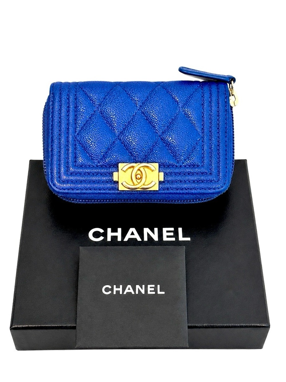 CHANEL Boy Blue Caviar Quilted Leather Zip Around Coin Purse Wallet W/ Box